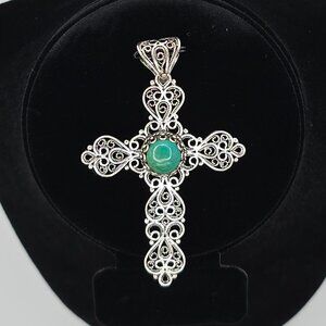 Vintage Sterling Silver & Turquoise Filigree Cross Pendant - Turkey 925 DGS